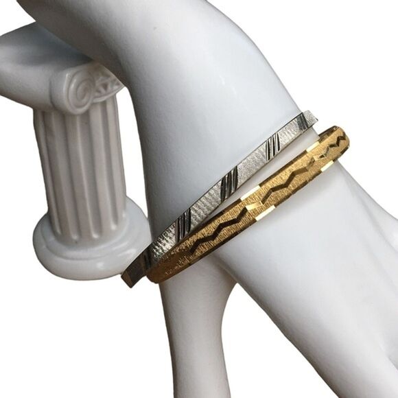 Vtg Monet Bangles Bracelets Classic Gold/Silver Tone Minimalist Laser Cut Jingle - Picture 2 of 5